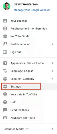 Select Settings from youtube