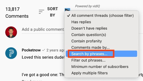 How to search in YouTube comments with VidIQ