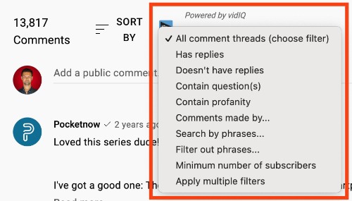 How to use vidiq to filter youtube comments
