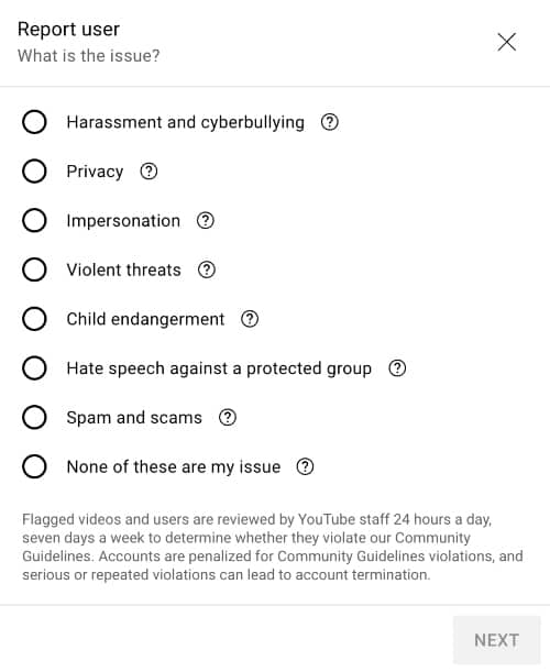Select The Reason For Reporting A Channel Or User