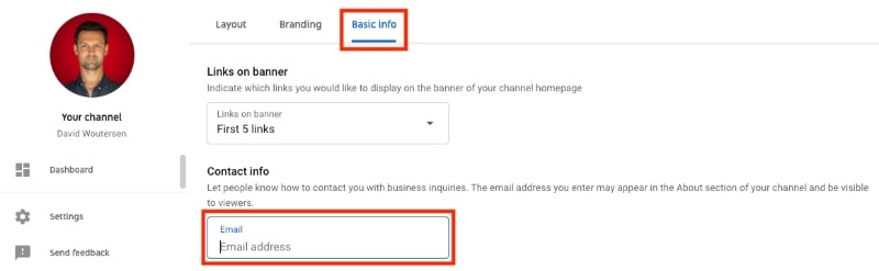 how to add a business email to YouTube
