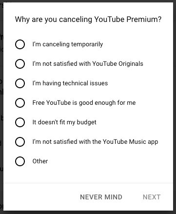 Select a reason for canceling YouTube Premium