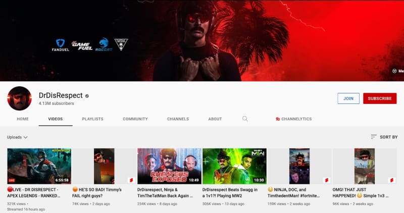 DrDisRespect's Youtube channel