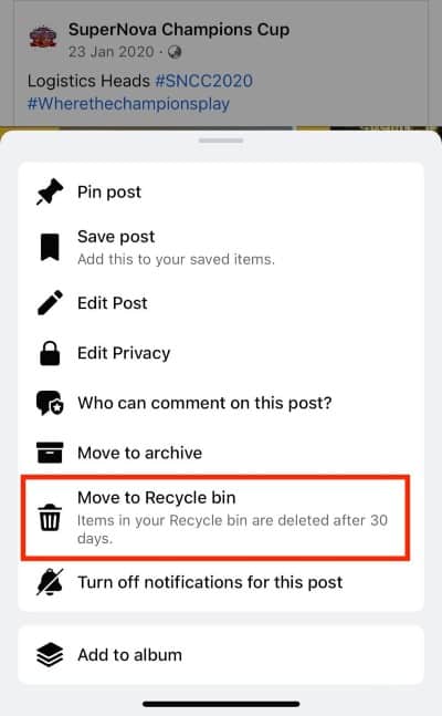 How To Move A Post To The Recycle Bin From The Facebook App