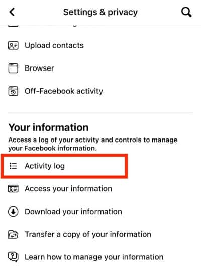 Select Activity log in the settings and privacy options