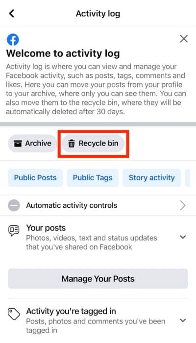 Select Recycle Bin From The Activity Log