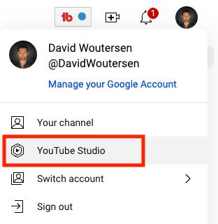 Open YouTube Studio from the dropdown menu