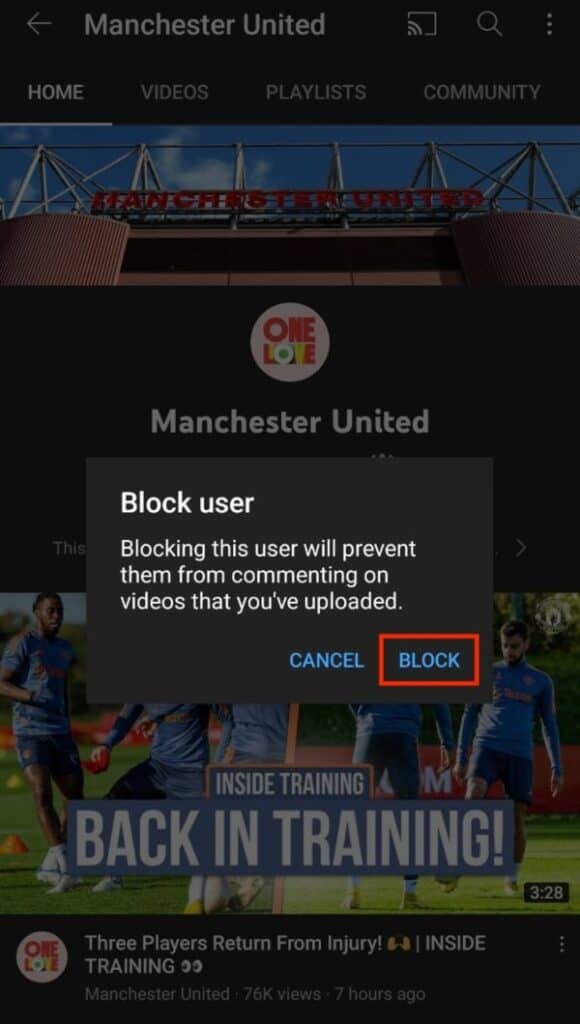 Select Block To Block The Youtube Channel