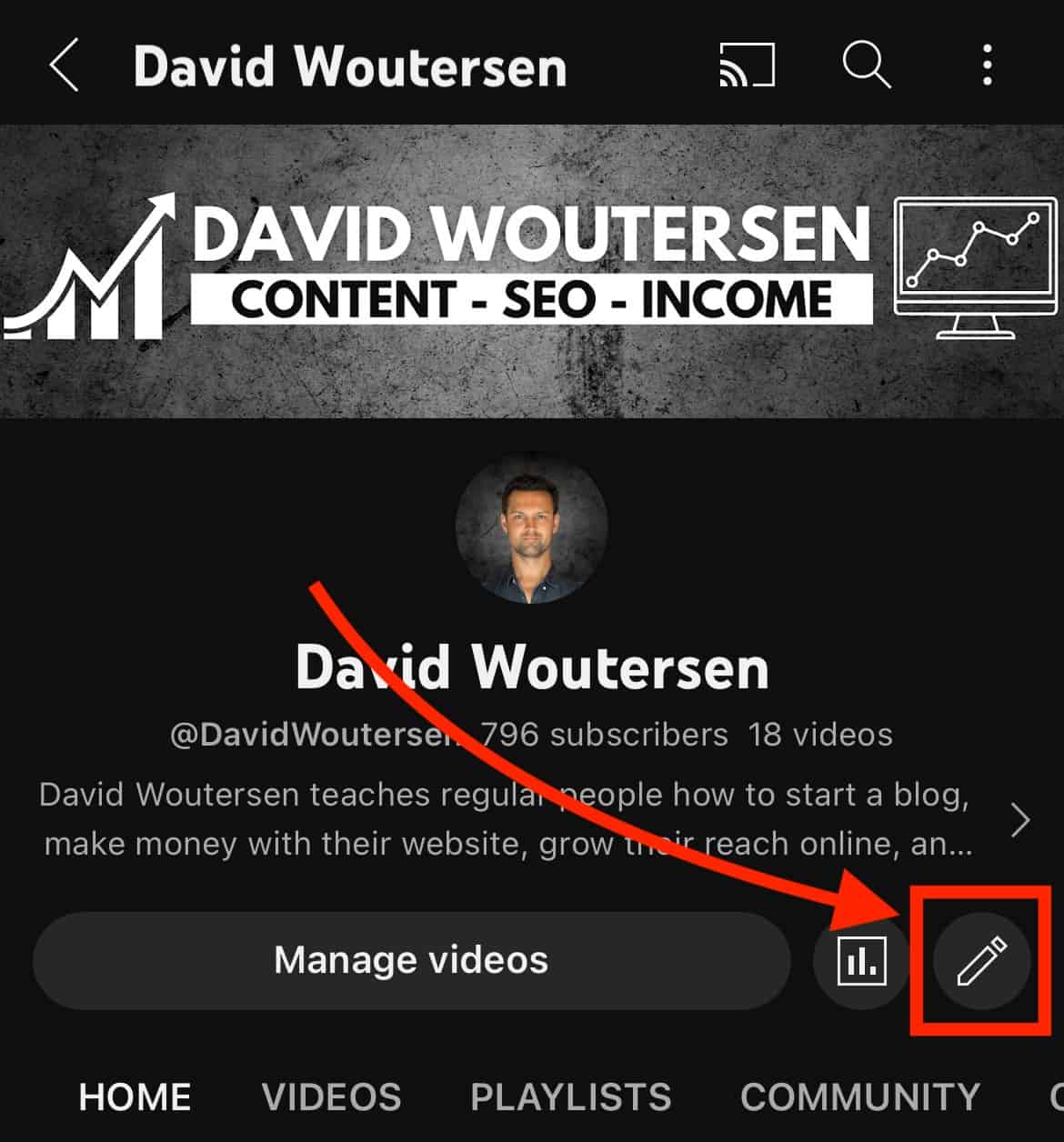 Select The Pencil Icon To Edit Your Channel Information On Mobile
